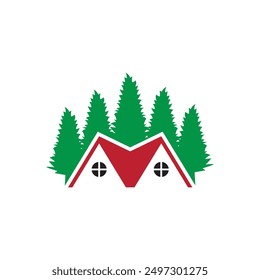 pine trees behind the house with a red roof logo vector