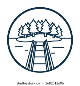 pine trees and bridge line style icon design, Landscape nature earth eco ecology conservation bio environment and outdoor theme Vector illustration