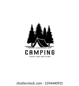 Pine trees and camping tent textured logo design vector illustrations 