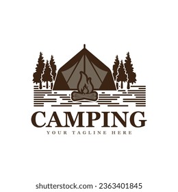 Pine trees and camping tent textured logo design vector illustration
