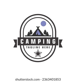 Pine trees and camping tent textured logo design vector illustration