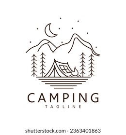 Pine trees and camping tent textured logo design vector illustration