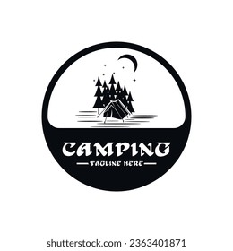 Pine trees and camping tent textured logo design vector illustration