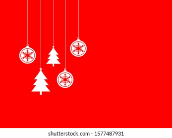 Pine trees and Christmas balls hanging from above on a red background.vector illustration.