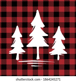 Kiefern, Weihnachtsbäume - auf rotem und schwarzem Tartan geplündertem schottischem Seamless-Muster. Grußkartentext Kalligrafie Phrase für Weihnachten oder andere Geschenke. Weihnachtsgrußkarten, Einladungen.