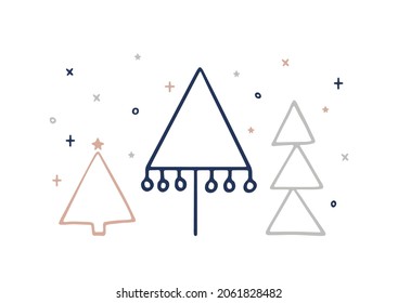 Pine trees Christmas vector illustration isolated on white background. Simple retro composition for Christmas holidays and winter design. Festive vector arrangement. New Year line art background