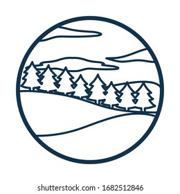 pine trees and clouds line style icon design, Landscape nature earth eco ecology conservation bio environment and outdoor theme Vector illustration