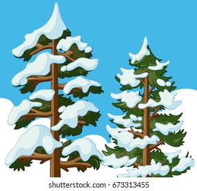 Árboles de pino cubiertos de ilustración de nieve