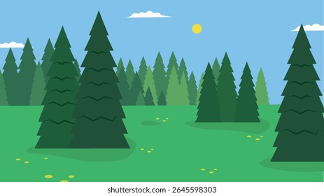 Pine trees in the field. Vector illustration in flat style.