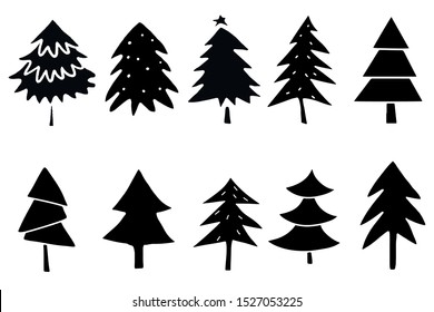 Pine trees, fir, spruce set. Sketch hand drawn black icons isolated on white background. Christmas, New Year decoration. Design elements