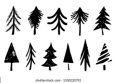 Pine trees, fir, spruce set. Sketch hand drawn black icons isolated on white background. Christmas, New Year decoration. Design elements