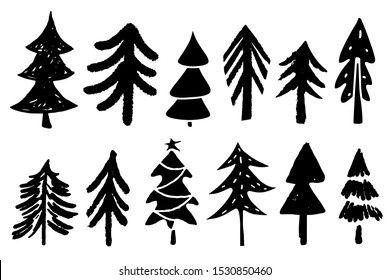 Pine trees, fir, spruce set. Sketch hand drawn black icons isolated on white background. Christmas, New Year decoration. Design elements