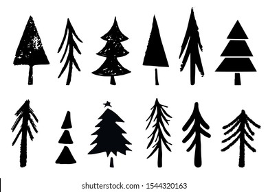 Pine trees, fir, spruce set. Sketch hand drawn black icons isolated on white background. Christmas, New Year decoration. Design elements