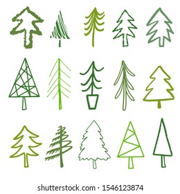 Pine trees, fir, spruce set. Holiday hand drawn icons isolated on white background. Christmas, New Year decoration. Design elements