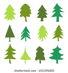 Pine trees, fir, spruce set. Holiday hand drawn icons isolated on white background. Christmas, New Year decoration. Design elements