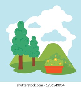 Pine trees and flowers pot