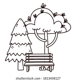 pine trees foliage bench park nature isolated icon line style vector illustration