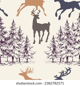Pine trees forest and deers seamless pattern, Christmas design