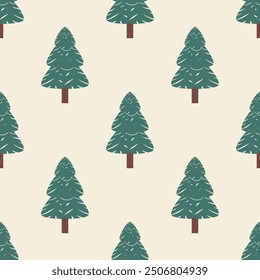 Pine Trees in The Forest Hand Drawn Seamless Pattern Vector Decoration on Beige Background. Nature Tree for Christmas Celebration Paper Wrapping Wallpaper Handkerchief Garment Fabrics Cushion Cover.