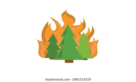 Pine trees in forest are shrouded in fire during fire, natural disaster in dry hot weather, forest fire protection concept