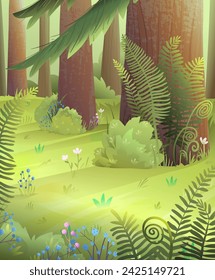 Pine trees forest in summer or spring, green meadow with bush and flowers. Colorful wild nature scenery cartoon for kids. Vector idyllic landscape illustration for children in watercolor style.