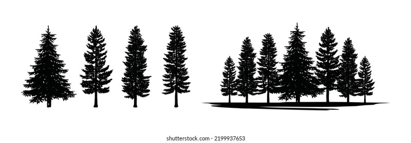 Pine trees forest symbol icon vector set. Silhouette pine trees 
