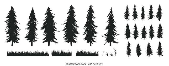 Pine trees and grass collection - Vector illustration of various tree design elements in detailed silhouette style on white background