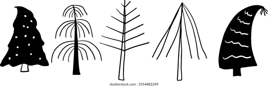 Pine Trees Hand-Drawn Set Illustration | Minimalist Doodle Vector for Nature and Forest Designs