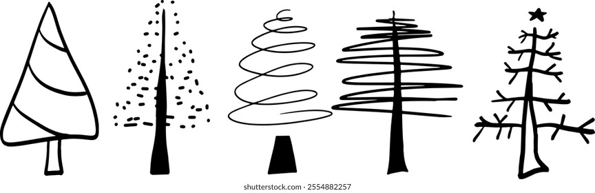 Pine Trees Hand-Drawn Set Illustration | Minimalist Doodle Vector for Nature and Forest Designs