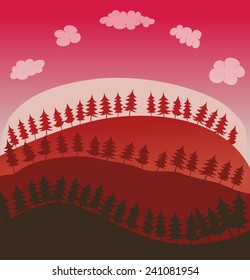 Pine Trees and Hills Environment, Vector Illustration. 