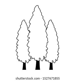 pine trees icon over white background, black and white design vector illustration
