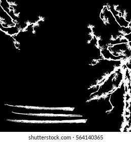 Pine trees . Ink drawing in the Chinese style. Vector design. Black-and-white illustration. Place for text
