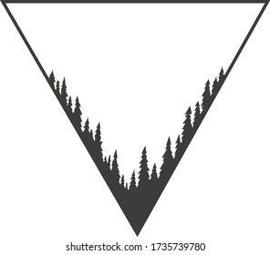 Pine trees inscribed in a triangle. Black and white vector drawing.