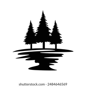 pine trees with lake water silhouette vector art