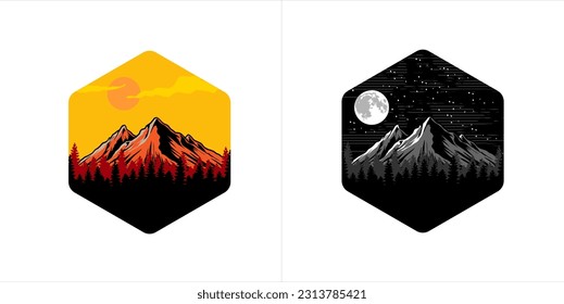 pine trees landscape logo design vector illustration with mountain view and sunset vibe