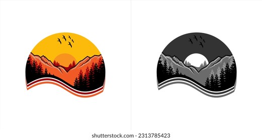 pine trees landscape logo design vector illustration with mountain view and silhouette of fly bird