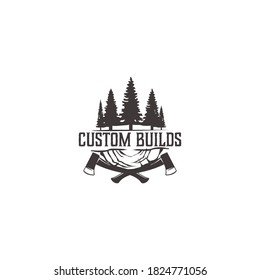 Pine trees Logo wood forest custom build, logging equipment stock and vector template image