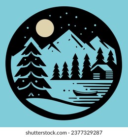 Pine trees, mountains, cabin, lake, boat and nature, wanderlust vector illustration, high definition, ideal for printing, minimal modern logo, EPS.