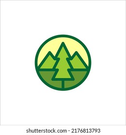 Kiefernbäume und Berglogo, Design, Vektorsymbol