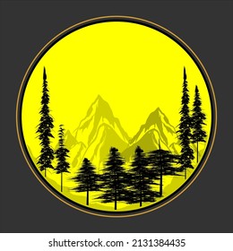 Pine Trees and Mountains Sketch Image, Vector silhouette of pine trees and mountain scenery