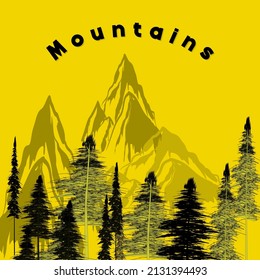 Pine Trees and Mountains Sketch Image, Vector silhouette of pine trees and mountain scenery