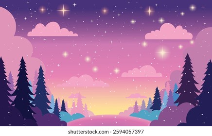 Pine Trees in Nature Landscape with Beautiful Majestic Sky Panoramic with Twinkling Stars at Night