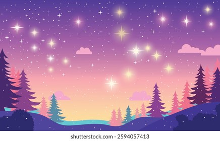 Pine Trees in Nature Landscape with Beautiful Majestic Sky Panoramic with Twinkling Stars at Night