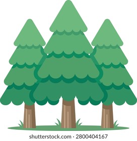 Pine trees on a grassy hill vector illustration-Group of three simple evergreen pine trees standing tall in a tranquil natural forest setting,