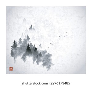 Pine trees on misty mountain and flock of birds. Traditional oriental ink painting sumi-e, u-sin, go-hua on rice paper background. Translation of hieroglyph - happiness.