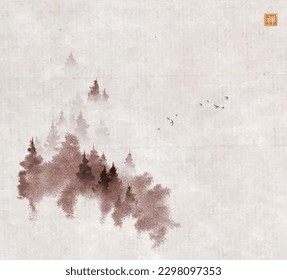 Pine trees on misty mountain. Traditional oriental ink painting sumi-e, u-sin, go-hua on vintage background. Translation of hieroglyph - zen.