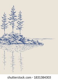 Pine trees on a rocky landscape. Trees reflection in the water artistic hand drawing