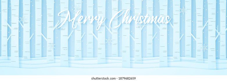 Pinos en la nieve en el paisaje invernal con caída de nieve y copos de nieve, letras, estilo de arte de papel