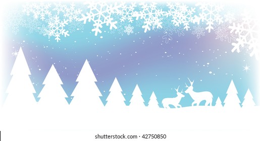 Pine trees and reindeers with snow falling.