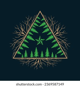 Pinos con raíces en forma de triángulo. Logo de un árbol de pino o camiseta.  Árbol de pinos inscrito. Dibujo de vectores. Vector de marco de raíces de árbol de pino. Ilustración del vector